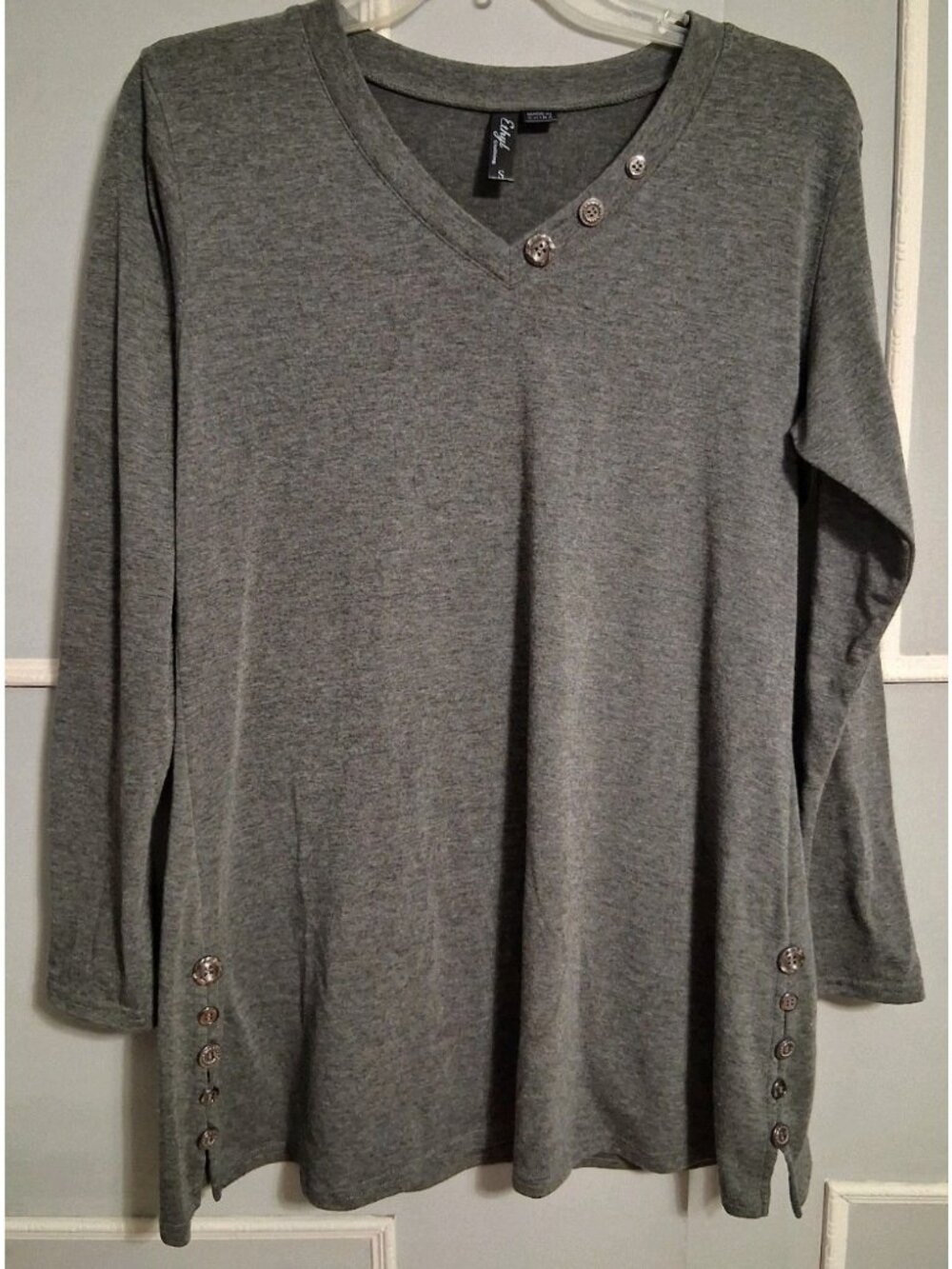 Ethyl Womens Gray Pullover Long Sleeve Long Tunic Top w/Buttons Sz S